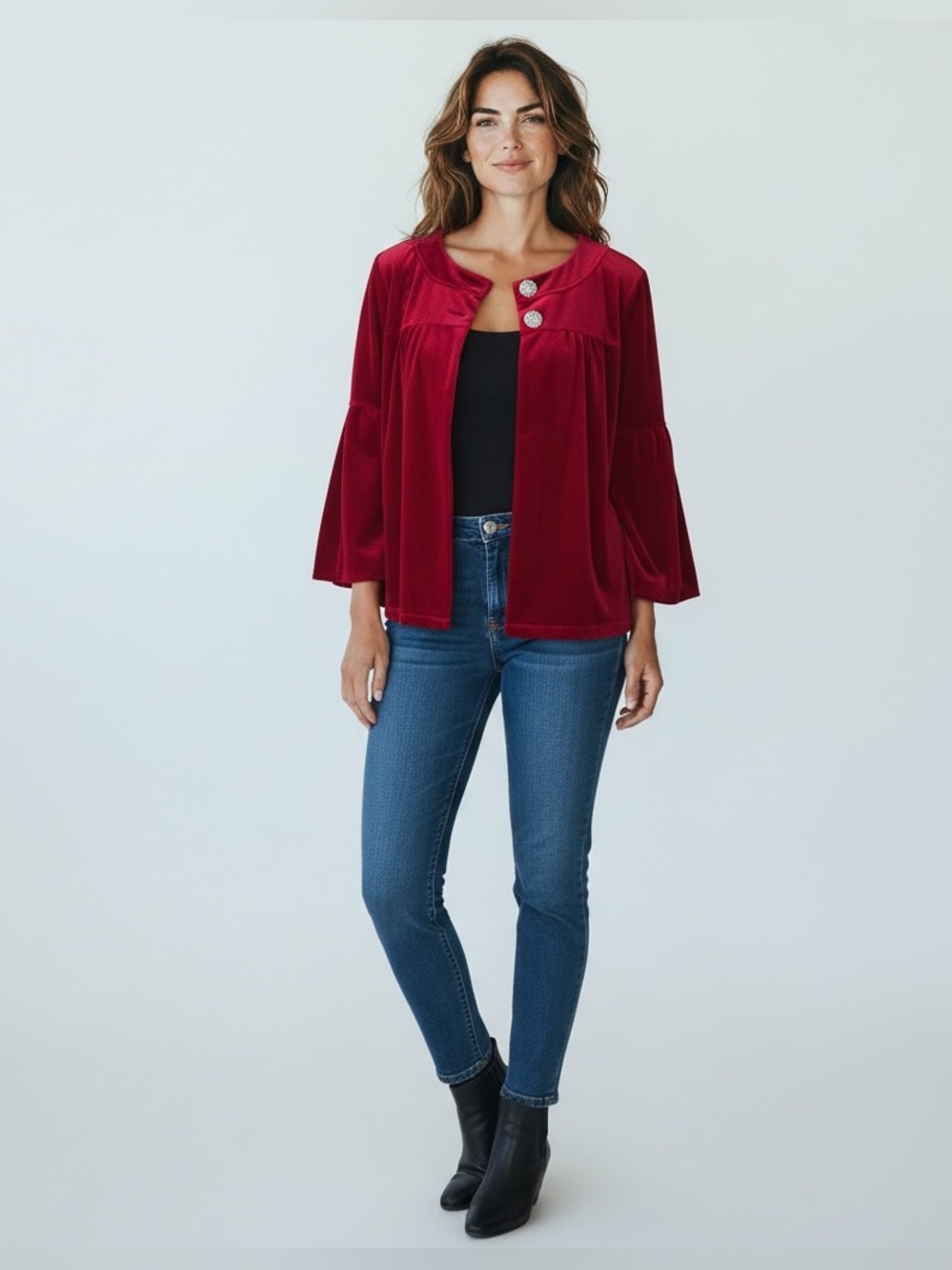 Elementz Red Velvet Cardigan Jacket Rhinestone Buttons Women’s Size L Festive